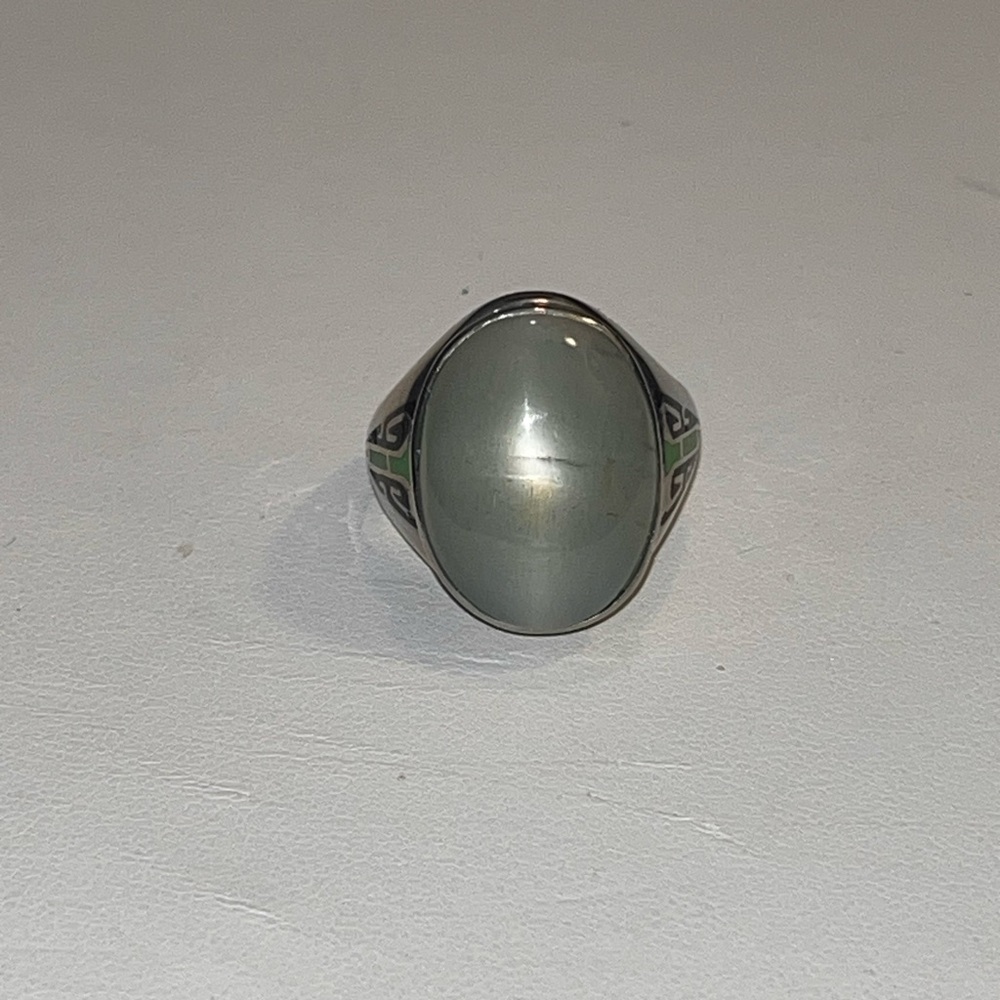 ANTIQUE 10K WHITE GOLD "UNISEX" RING w/NATURAL GREEN MOONSTONE&ENAMELS, ART DECO - Picture 10 of 12